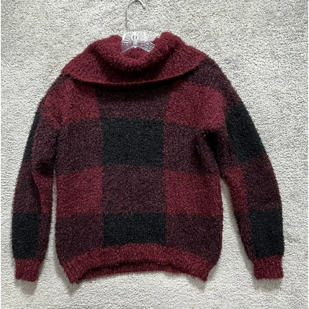 Lee Sweater Women's Medium Black Red Plaid Cowl Neck Pullover Block Jumbo Square